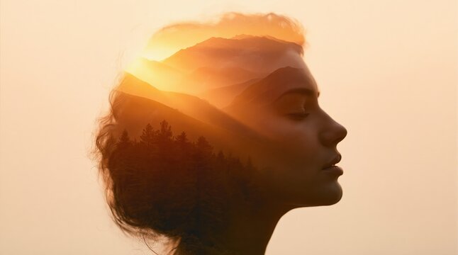 Double exposure profile of a woman with warm sunset light and forest landscape overlay.
