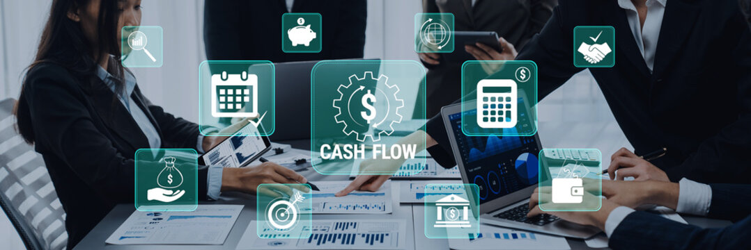 Focused Business Meeting on Cash Flow Management with Digital Icons Representing Financial Concepts and Tools in a Modern Office Environment. Glyphic.