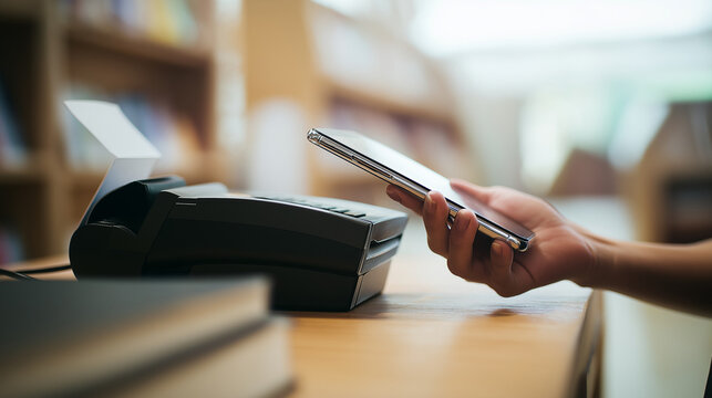 Contactless payment with smartphone at card reader in bookstore