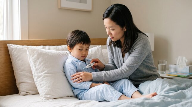 Caring mother checking temperature of her sick young son in bed at home.