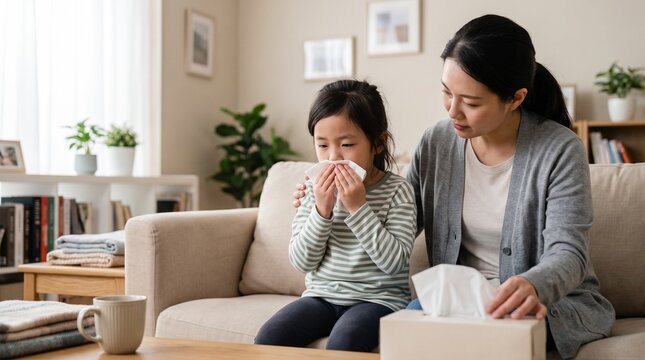 Caring mother comforting her sick young daughter blowing nose with tissue at home.