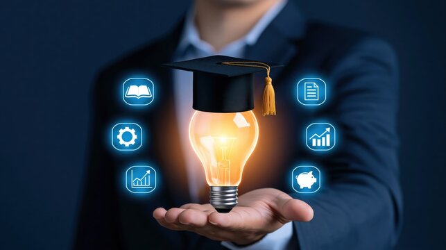 Business person holding a glowing light bulb with a graduation cap and education and growth icons, concept of learning, innovation, and career development.