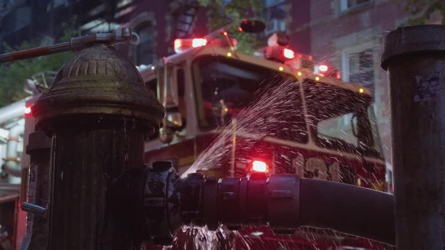 dusk low angle shot of fire hydrant in front of flashing firetruck