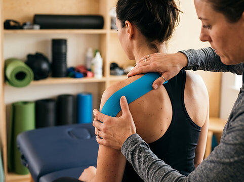 Physical therapist applying kinesiology tape to athlete's shoulder during home recovery session