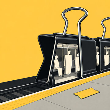 Flat vector illustration of a binder clip as a subway train car on a station platform, office commute concept