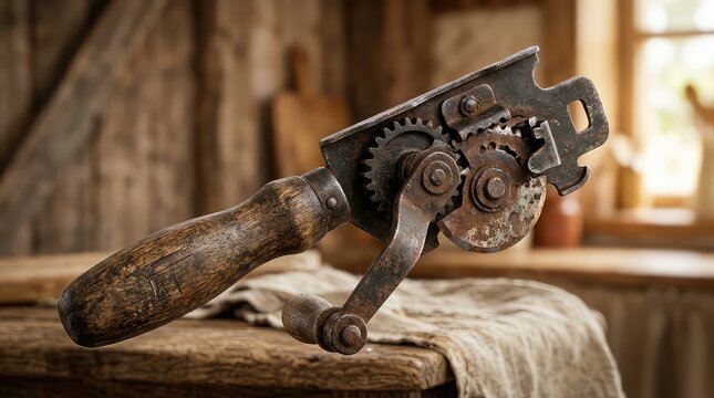 Vintage mechanical can opener with wooden handle, antique cast iron kitchen tool on rustic table, retro culinary equipment in a farmhouse setting
