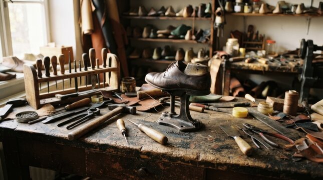 Old cobbler workshop with antique shoe making tools and wooden last.