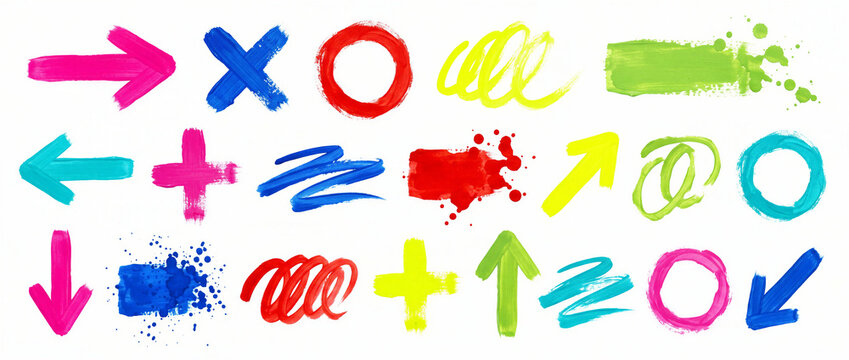 Set of Bold Painted Arrows Circles and Cross Marks in Pop Colors on White for Youtube Thumbnail Sale Graphic and Street Design