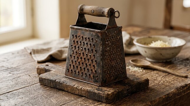 Vintage rusty metal cheese grater with wooden handle, antique kitchen tool on rustic table, traditional manual food shredder for farmhouse cooking