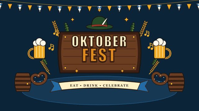 A dynamic 2D flat vector motion graphic featuring a storybook pop-up concept for Oktoberfest. Every element including the main OKTOBER FEST typography, wooden sign, beer steins, pretzels, and Bavarian