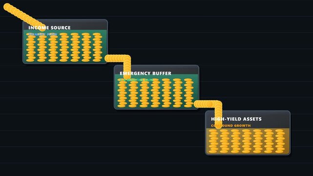 3D minimalist motion graphic depicting a multi-tier financial waterfall with bold, large-scale legible text and enlarged reservoir animation.