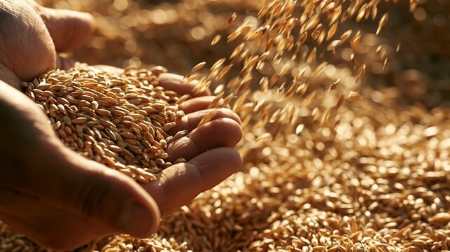 a persons hand holding a handful of goldenbrown grain grains. The grain grains are illuminated by the warm, golden light of the setting sun, creating a bokeh effect in the background.