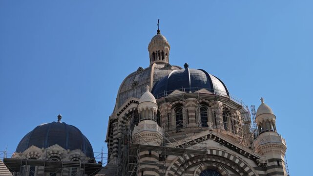 Majestic view of the Byzantine Romanesque Cathedrale La Major during restoration work in France