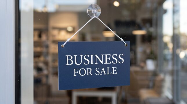 Blue business for sale sign hanging on a glass storefront window display.