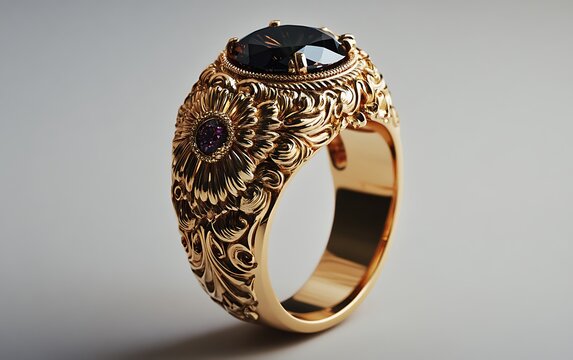 Ornate gold ring with a large black gemstone and two smaller purple gemstones set in the band.