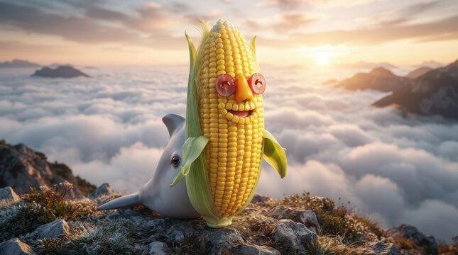 Hyper fantastical creative food art hybrid character portrait featuring whimsical corn cob with expressive face atop surreal rocky terrain with clouds.