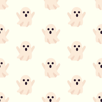 Cute white ghost seamless pattern for Halloween decoration on light cream background