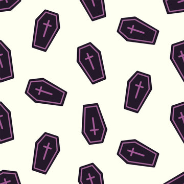 Purple coffin seamless pattern with cross symbols on cream background for Halloween