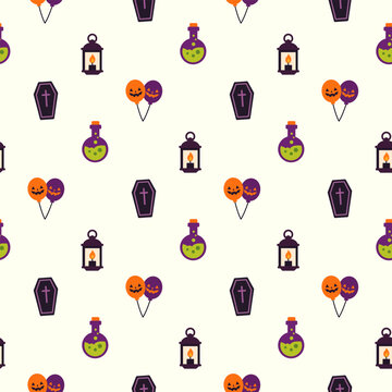 Seamless Halloween pattern with spooky lanterns potion bottles coffins and pumpkin balloons