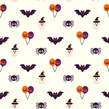 Cute Halloween seamless pattern with spooky bats ghosts spiders and orange balloons