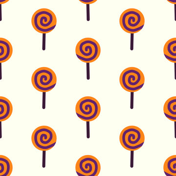 Seamless pattern of orange and purple spiral lollipops on white background sweets