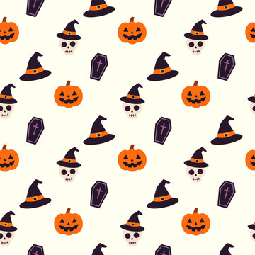 Halloween seamless pattern featuring pumpkins skulls coffins and witch hats on white