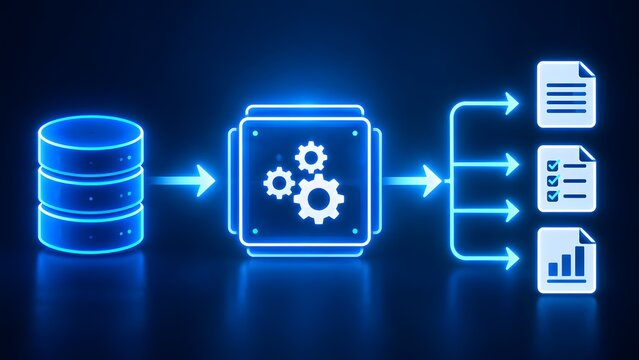 Automated data processing workflow extracting database records into business reports and analytics documents