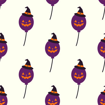Halloween seamless pattern with purple witch hat pumpkin balloons on white background