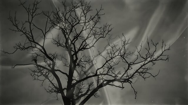 Fine art monochrome silhouette of a bare winter tree with complex branches against an abstract wavy background
