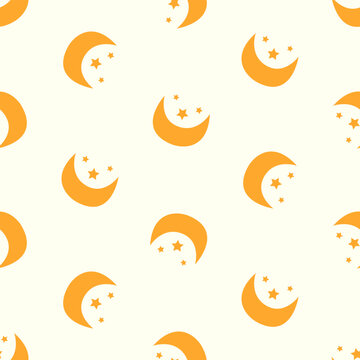 Seamless pattern with yellow crescent moons and small stars on cream background