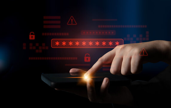Password security breach warning with red asterisk box, cybersecurity alert, lock icons, and critical vulnerability signals in digital system access Latch