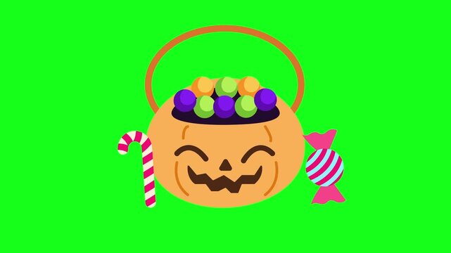 Cute Halloween Pumpkin Basket Icon with Candy on Green Screen