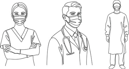 Fototapeta premium Continuous line art vector illustration of medical doctors and healthcare professionals wearing face masks and protective scrubs on white backdrop