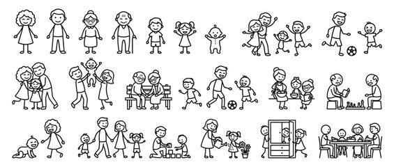 Fototapeta premium Simple Line Art Family Activities Collection Isolated