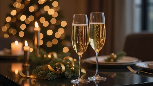 クリスマスの優雅なディナーテーブルで揺れるキャンドルとクリスタルグラスに立ち上る黄金のシャンパンの泡