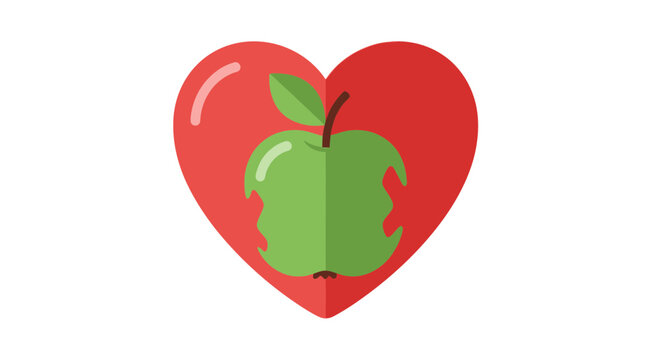 Green Apple inside Red Heart Icon - Concept for Healthy Eating and Heart Wellness - Flat Design Vector Illustration isolated on white.