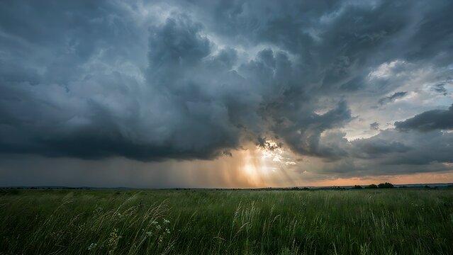Dramatic storm clouds over green grass field, heavy rain and sun rays breaking through dark sky landscape
