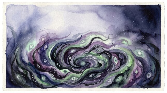 Cosmic Horror Watercolor Vortex with Eldritch Tentacles and Eyes on Textured Paper