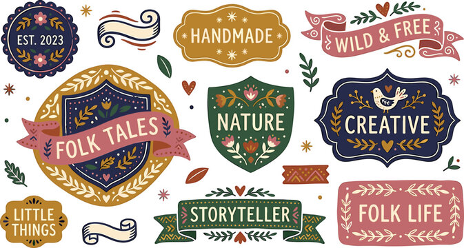 Cozy cottagecore style folk art label collection featuring rustic handmade stickers badges ribbons and vintage decorative banners