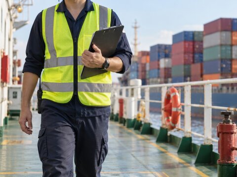 A dock worker in a yellow safety vest walks on a cargo ship deck with a clipboard during the day.