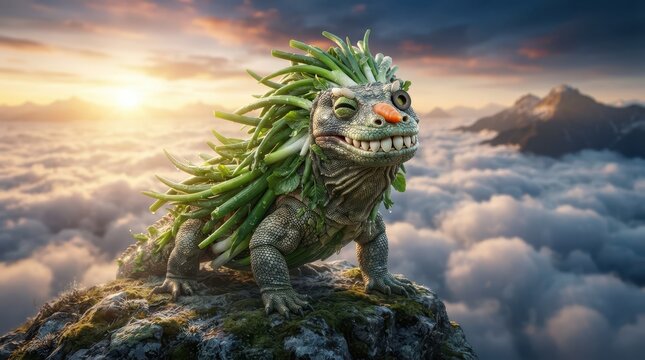 Hyper fantastical creative food art hybrid character portrait with mythical dragon-like creature atop clouds.