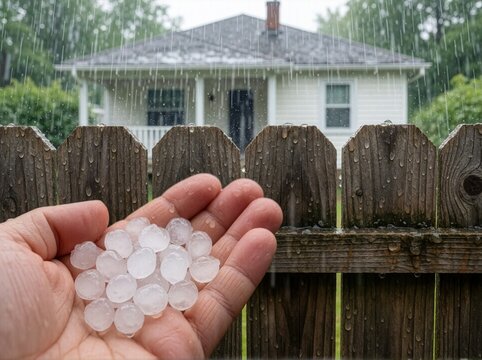 A person holds a handful of hail pellets in their palm, with a rainy scene and wooden fence behind.