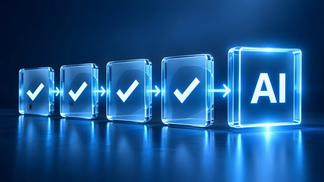 Sequential Process Workflow of Glass Checkmark Blocks with Directional Arrows Leading to AI Adoption