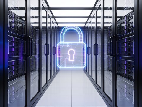 A glowing digital padlock icon floating in the corridor of a modern, secure server data center room.