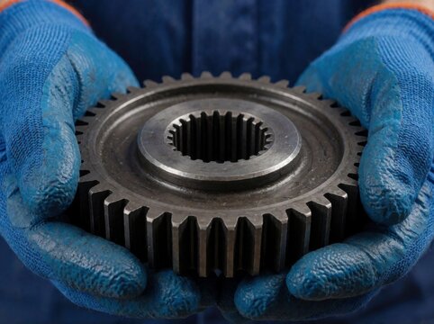 A close-up view of a pair of blue work gloves holding a metallic industrial gear with inner splines.