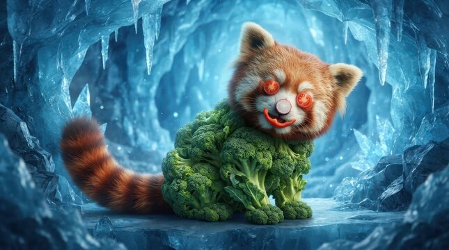 Red panda relaxing on green mossy rock in water.
