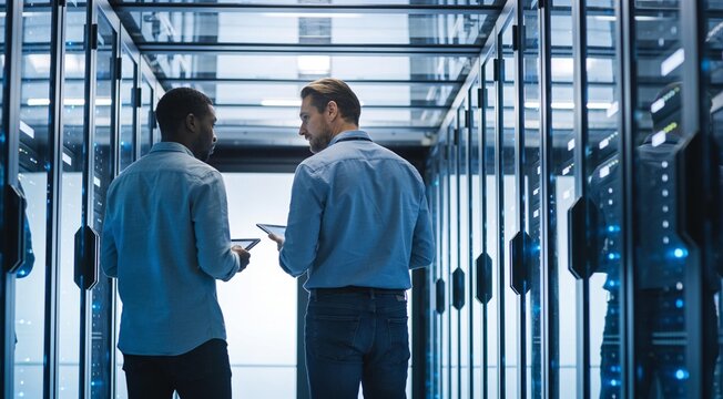 Two male technicians standing in a server room, examining equipment and discussing maintenance work.