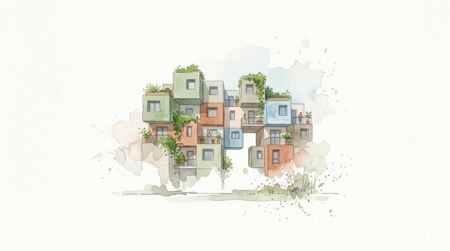 Minimalist watercolor modular apartment complex with green terraces and sustainable urban design.