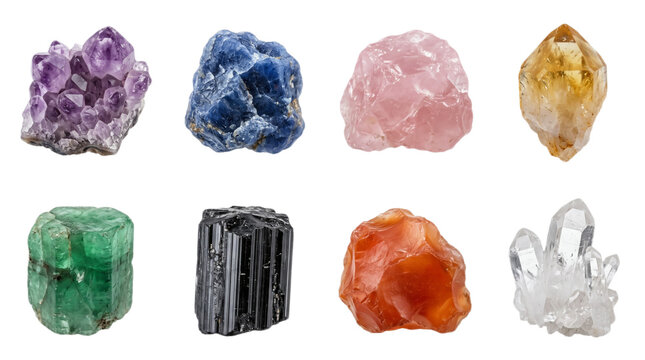 A collection of colorful natural gemstone specimens including amethyst and emerald provides a diverse assortment of rare minerals gathered for geological research or decorative display in many