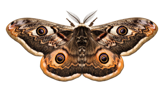 A giant peacock moth displays intricate brown patterns and prominent eye spots on its broad wings while resting peacefully, showing nature's incredible artistry in this high resolution animal